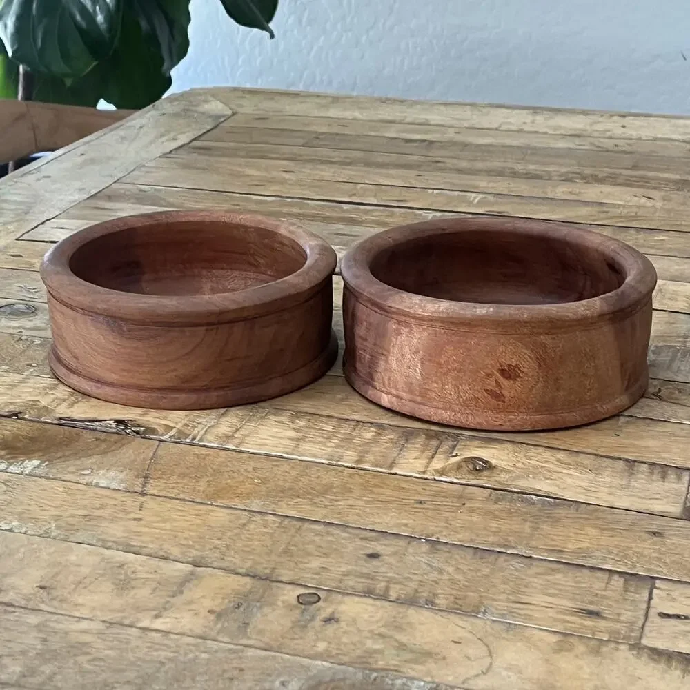 Hand-Turned Rustic Wooden Bowls Set of 2 6 in Teak Wood